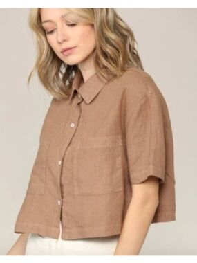 Filosofia 100% Linen‎ Cropped Button Down Shirt beige brown M
